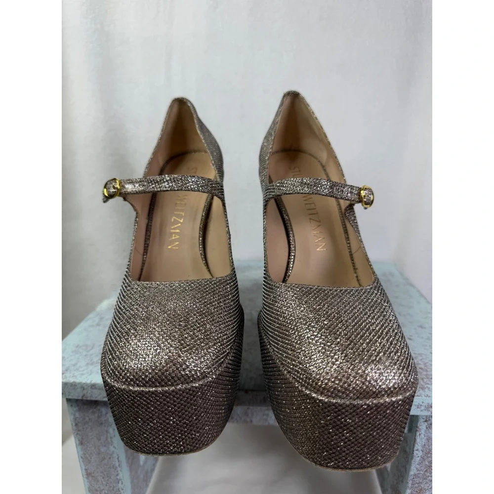 Stuart Weitzman Skyhigh Mary Jane Platform Pumps Metallic Silver Gold 9.5B SD284